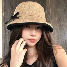 リボン付きヴィンテージ風リネン折り返しフィッシャーハット【夏用・優雅なデザイン・日よけ・UVカット】