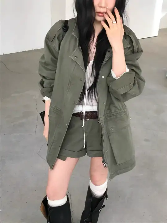 レディース 春季ファッションレトロデザイン ストリング付きミドル丈コート【多ポケット・カジュアル・工装スタイル】