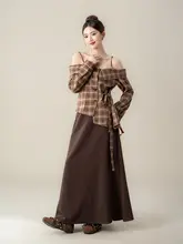 カラフルチェック柄のオフショルダーシャツ【不規則デザイン・春用】スカート（セットアップ対応）