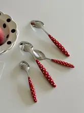 赤いドット柄のステンレス製スープスプーン・デザートスプーン【陶器製ハンドル・可愛いデザイン】