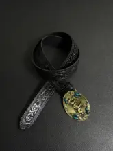 ヴィンテージ風デザインのウエスタンスタイルベルト【青釉・板金バックル】