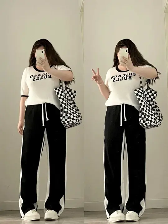 高腰バイカラーパンツ【大きいサイズ・梨型体型・ワイドレッグ】（セットアップ対応）