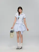 ストライプ柄カラーボタン付きショート学院シャツとリボン付きフラワースカート（セットアップ対応）