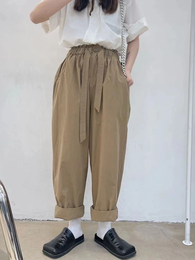 した印象のゆったりシルエットパンツ【アプリコット・ウエストベルト付き・シンプルデザイン・カジュアル】