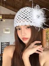 ビーニー レディース スローチニット帽 手編み フレンチ風 フェザー クロシェ 透かし編み 小顔効果 着回し