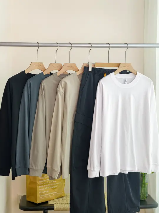 極上の柔らかさ 新疆長綿使用 落肩デザインの長袖Tシャツ【男性用・シンプル・カジュアル】