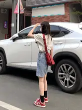ヴィンテージ風ブルー デニムショートパンツ【ハイウエスト・ワイドレッグ・Aライン】