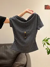 アメリカンレトロ カラーブロックストライプ オフショルダー Tシャツ【短袖・フィットデザイン】