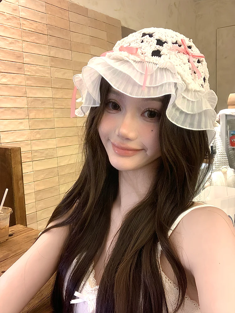 甘くて可愛いリボンレースニットバケットハット