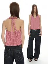 チェック柄ネックタイ付きVネックタンクトップ【女性用・背中開き・甘辛スタイル】（セットアップ対応）