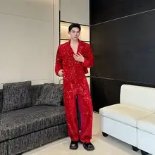 春夏にぴったり！スパンコール装飾のゆったりしたワイドレッグパンツ【メンズ・ストレート・カジュアル】（セットアップ対応）