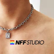 NFF デザインのメンズファッションネックレス【キューブストーン・チタン鋼・カジュアルスタイル】