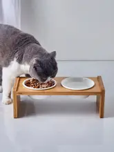 調整可能な竹製スタンド付き二重陶器ペットボウル【犬用・猫用・首に優しい傾斜設計】