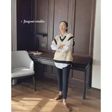 配色ニットベスト【ゆったりシルエット・春用・カジュアルスタイル】（セットアップ対応）