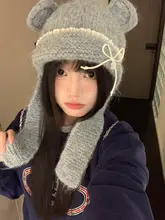 かわいいレースリボン付きクマ耳帽子【秋冬用・タートルネック・編み模様】