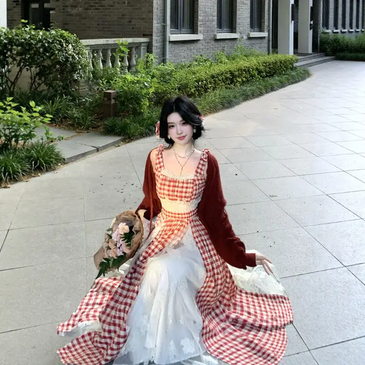 甘美なフランス風ビンテージチェック柄レース刺繍ウエストリボン付きフレアワンピース