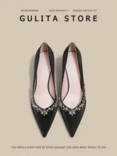GELITA ブラック パンプス【細ヒール・ビジネス・サテン・水晶装飾】