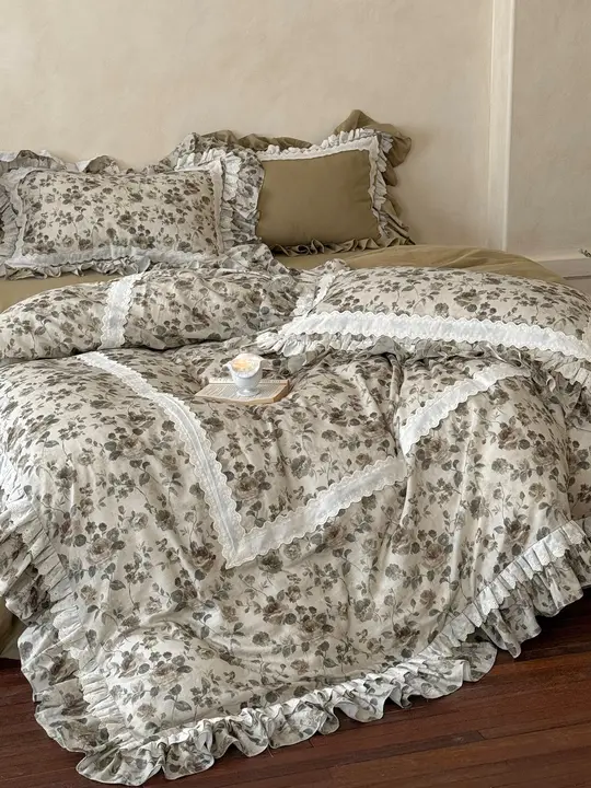ヴィンテージ風全棉ダブルガーゼ寝具セット【しわ加工・花柄・ベッドカバー・シーツ・カバー付き】（セットアップ対応）