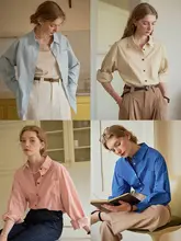 コットン製 フレンチスタイル長袖シャツ【シンプルデザイン・女性用・カジュアル】