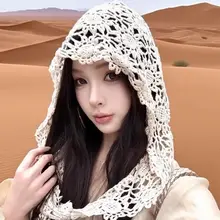 ハンドメイド透かし編みの多用途ショール帽子【夏の旅行・撮影用・ニットデザイン】（セットアップ対応）