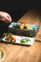 美しいデザインの長方形陶器皿【和風・寿司用・釉薬下彩】