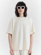 米色のダブルカラーラウンドネックショートスリーブTシャツ【デザイン性あり・女性用】