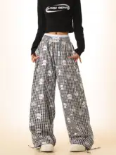 秋用カジュアルカートゥーンプリントワイドレッグパンツ【女性用・ボトムス・緩めのデザイン・ストレート・レイヤードスタイル対応】（セットアップ対応）