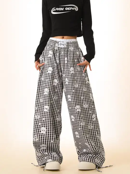 秋用カジュアルカートゥーンプリントワイドレッグパンツ【女性用・ボトムス・緩めのデザイン・ストレート・レイヤードスタイル対応】（セットアップ対応）