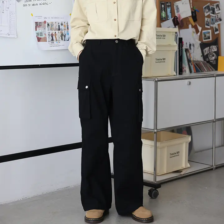 ワークパンツ ゆったり ストレート 単色 リベット ポケット