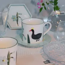 手作り陶器 コーヒーカップセット【白天鵞・景德鎮風イラスト・釉下彩】