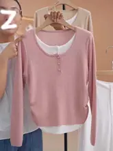 デザイン性のあるニットトップス【春用・ピンク・レイヤード風】