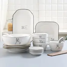 可愛い猫デザインの陶器製食器セット【飯碗・スープ碗・プレート・北欧スタイル】