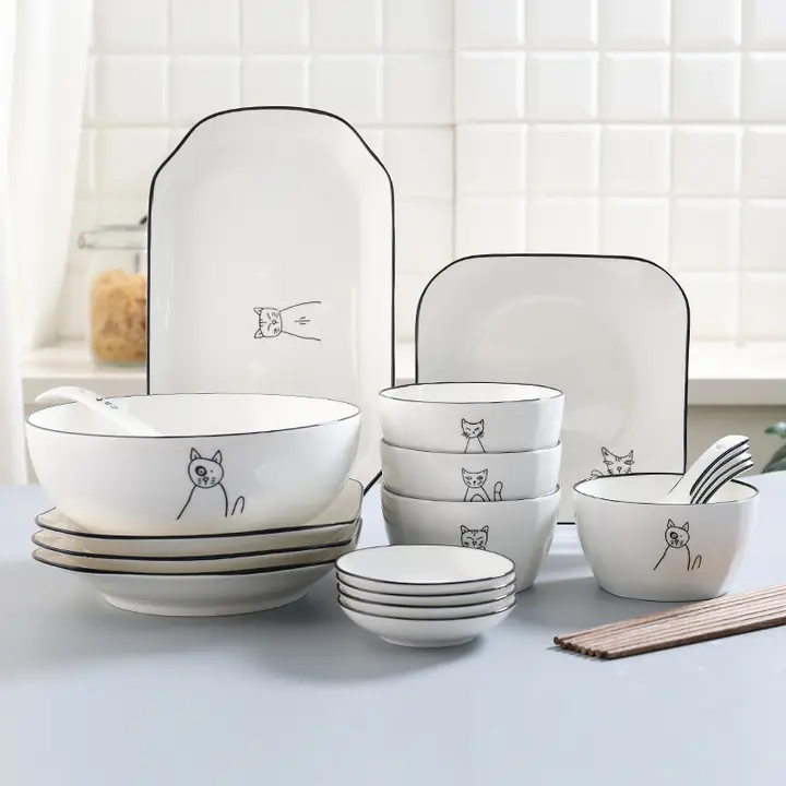 可愛い猫デザインの陶器製食器セット【飯碗・スープ碗・プレート・北欧スタイル】