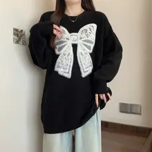 体型カバーに最適！リボン付きラフニットトップス【秋冬用・ゆったりシルエット・中長丈】