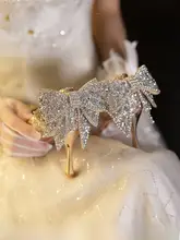 香槟色のリボン付きウェディングシューズ【新婦用・ハイヒール・クリスタル装飾】