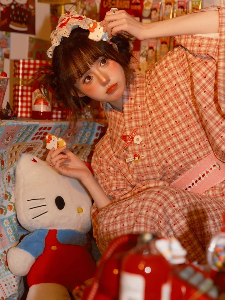 粉色チェック フェルトハート 二部式和服【旅撮影・コスプレ・日本風ワンピース】（セットアップ対応）