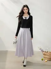 バイカラー蝶結びデザインの黒いボックスTシャツ【長袖・ダークカラー・女性用】