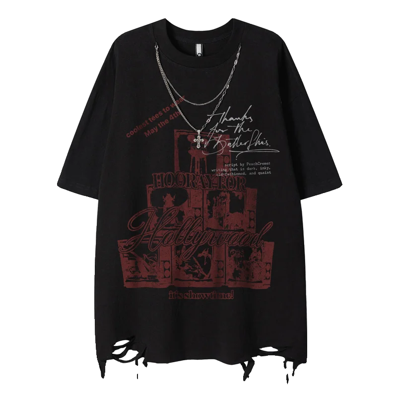 ダークスタイルのラウンドネック半袖Tシャツ【ヒップホップ・破れデザイン・チェーン付き】