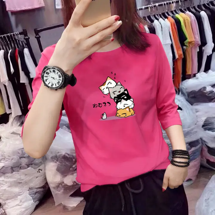 純綿の白い七分袖Tシャツ【ゆったりシルエット・ローズピンク・秋用】