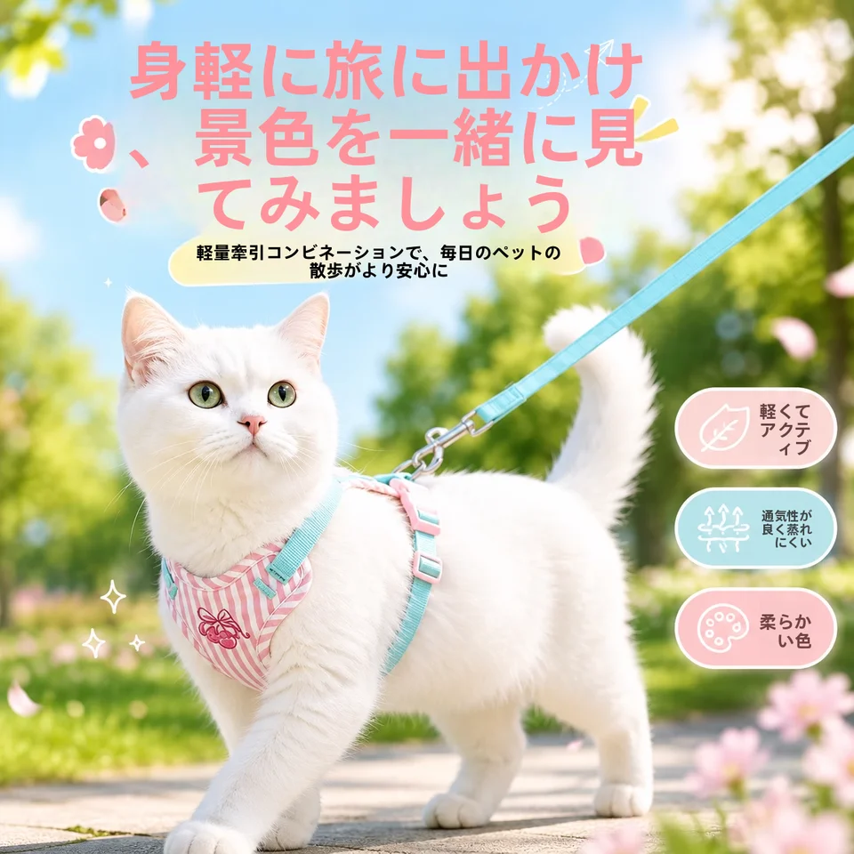 可愛いチェリー柄キャットハーネス【脱出防止・胸部スタイル・散歩用】