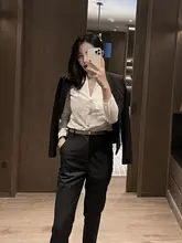 深い青のスーツパンツ【ストレートシルエット・ハイウエスト・夏用・小柄対応】（セットアップ対応）