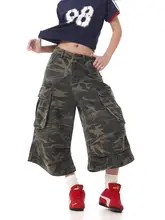 アメリカンレトロスタイル迷彩ワークパンツ【大口ポケット・プリーツデザイン・ユニセックス・ルーズフィット・七分丈】