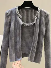 ビーズとリボンデザインの毛ニットカーディガン＆キャミソール【秋冬用・短丈】（セットアップ対応）