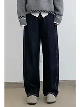 デニムパンツ ユニセックス ウォッシュデニム カラーブロック アメカジ ヴィンテージ ルーズ ワイド カーブドシルエット きれいめ 春