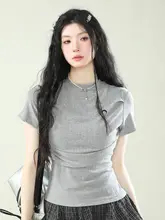 AONW 夏用 月型フリルデザインウエスト絞りショートスリーブTシャツ【レディース・スリムフィット・デザイン性あり】
