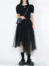 ハイウエスト不規則デザイン中長丈チュールスカート【Aライン・春夏用】