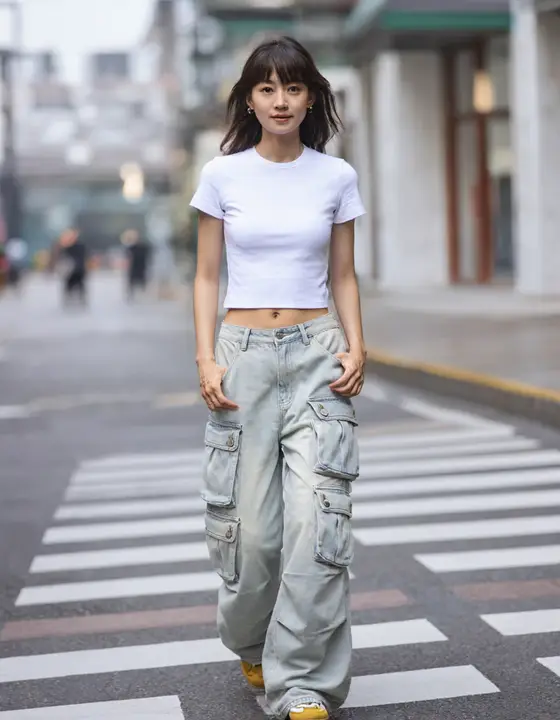 ユニセックス デニム カーゴパンツ【多ポケット・ストレートフィット・ウォッシュ加工】
