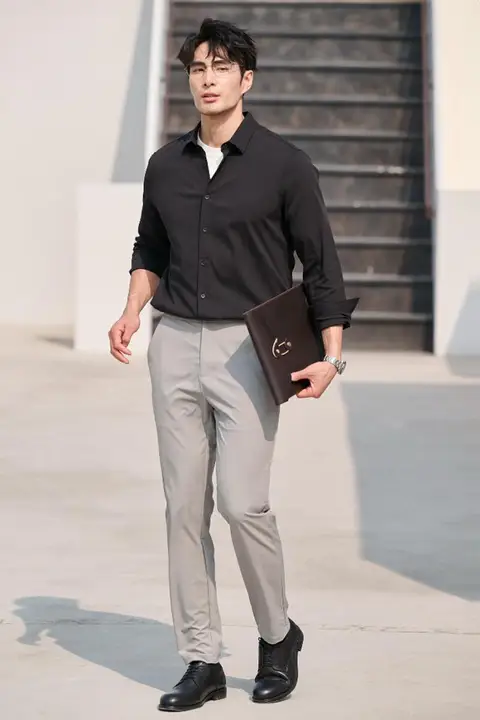 JSSD HOMME 春夏用 メンズ長袖シャツ【伸縮性あり・ビジネスカジュアル・泡泡纱生地】