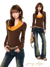 トレンド感漂うデザイン！カラーコンビネーションのハーフトップ長袖Tシャツ【春用・女性・ネックデザイン】（セットアップ対応）