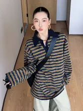 ボーダー柄POLOネック長袖スウェットシャツ【ゆったりフィット・カラーブロック】